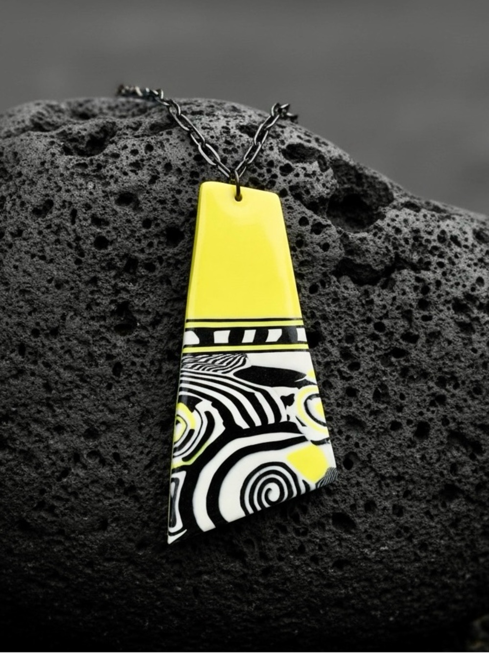 Handmade Yellow Black & White Graphic Print Large Handmade Polymer Clay Pendant